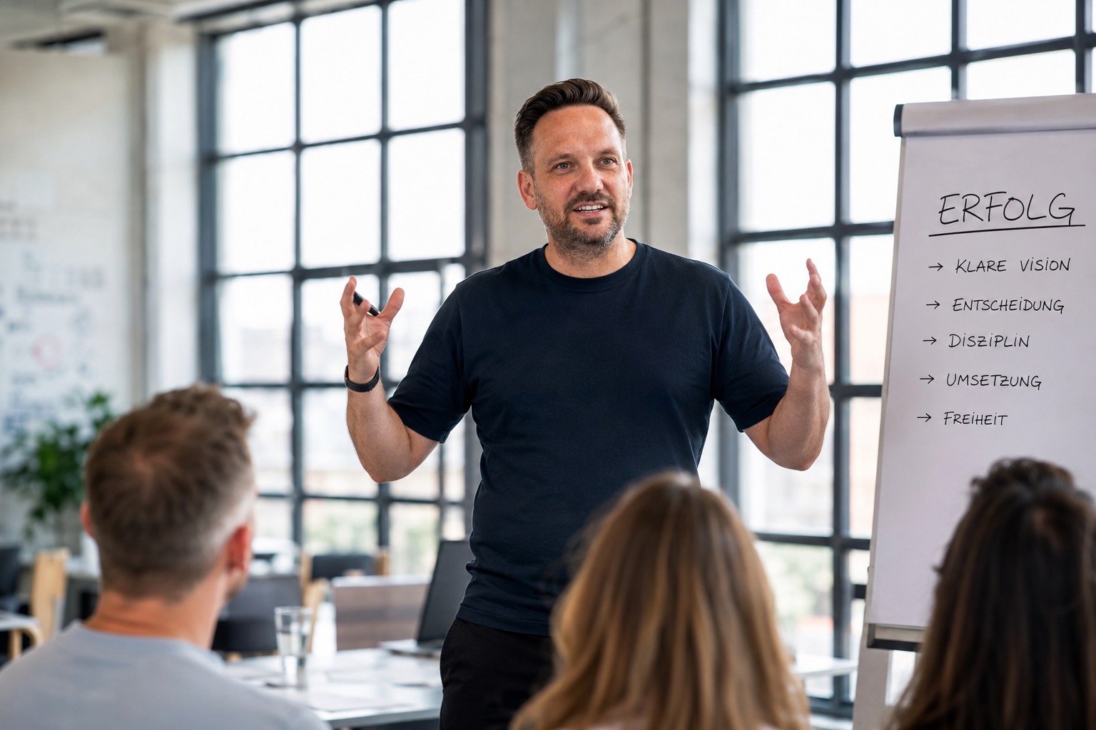 Sven Witthohn vor einem Flipchart mit den Stichworten Erfolg, klare Vision, Entscheidung, Disziplin, Umsetzung, Freiheit.