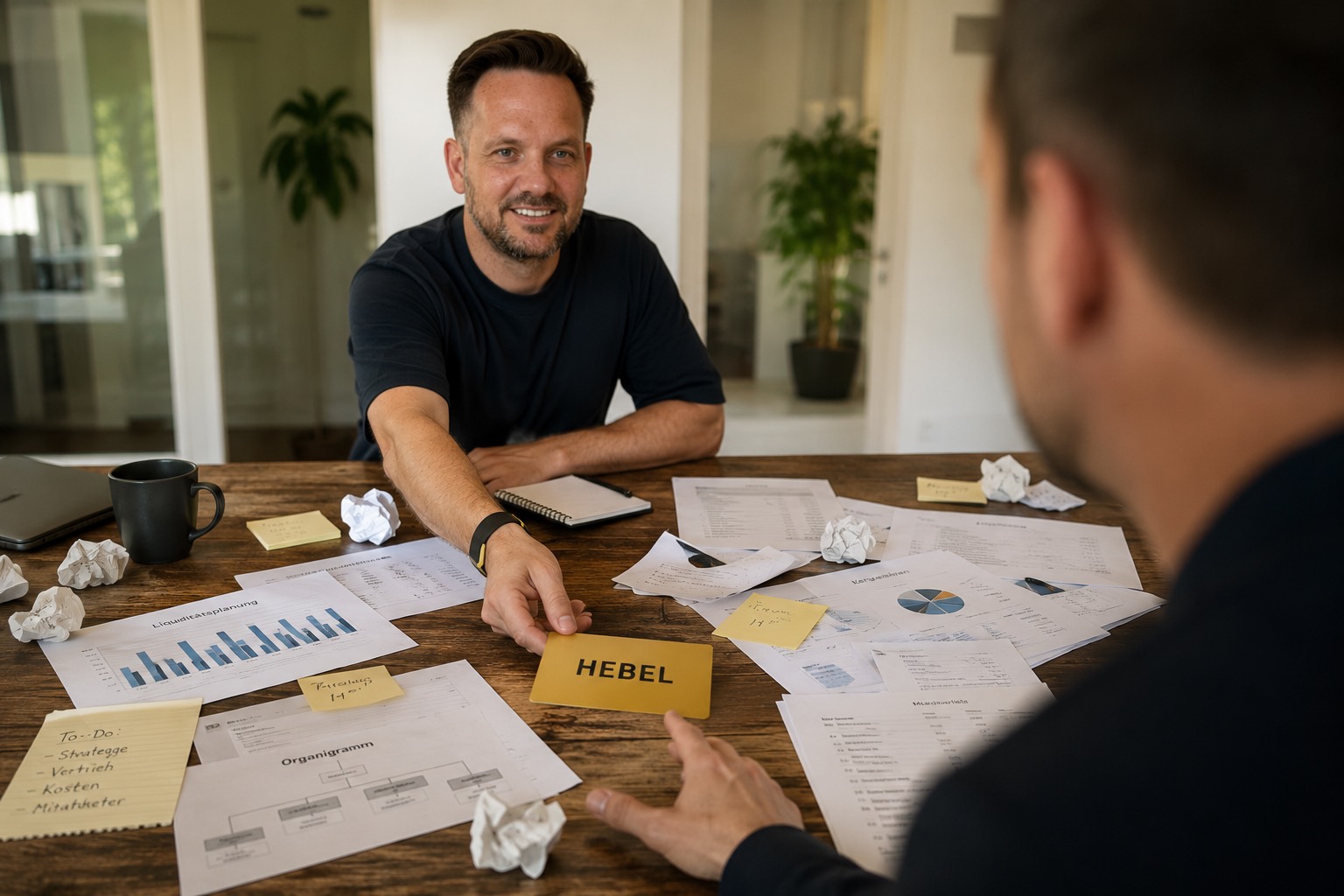 Sven Witthohn legt im Gespräch die goldene HEBEL-Karte auf den Tisch, umgeben von Analyse-Unterlagen.