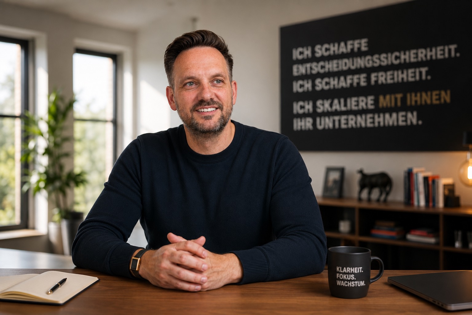Sven Witthohn am Schreibtisch, im Hintergrund der Leitsatz: Ich schaffe Entscheidungssicherheit. Ich schaffe Freiheit. Ich skaliere mit Ihnen Ihr Unternehmen.